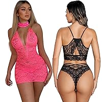 Avidlove Lace Lingerie Sets with Panty(Black and Hot Pink, XL)