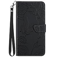 XYX Wallet Case for iPhone 15 Pro Max, Emboss Butterfly Flower PU Leather Flip Protective Case with Wrist Strap Kickstand for iPhone 15 Pro Max, Black