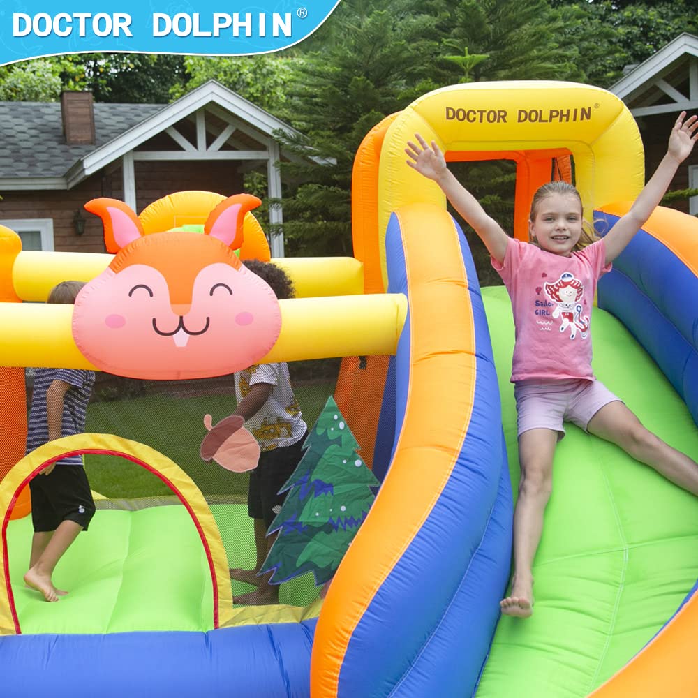 Doctor Dolphin Inflatable Bounce House with Slide,Jumping Castle Slide with Blower,Kids Bouncer with Ball Pit Outdoor and Indoor Inflatable Bouncer Jumping House Squirrel Theme