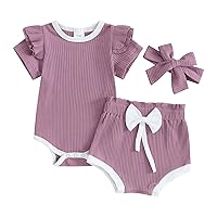 Multitrust Newborn Baby Girl Cotton Ruffled Short Sleeve Bodysuit Tops + Floral Shorts Baby Girl Clothes Set