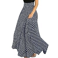 Women's Elegant Polka Dot A-Line Swing Boho Skirts Back Zip Up High Waisted Long Skirts