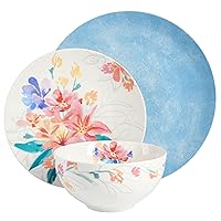 Spice by Tia Mowry Goji Blossom Decorated Porcelain Chip and Scratch Resistant Dinnerware Set, Blue, 12-Piece