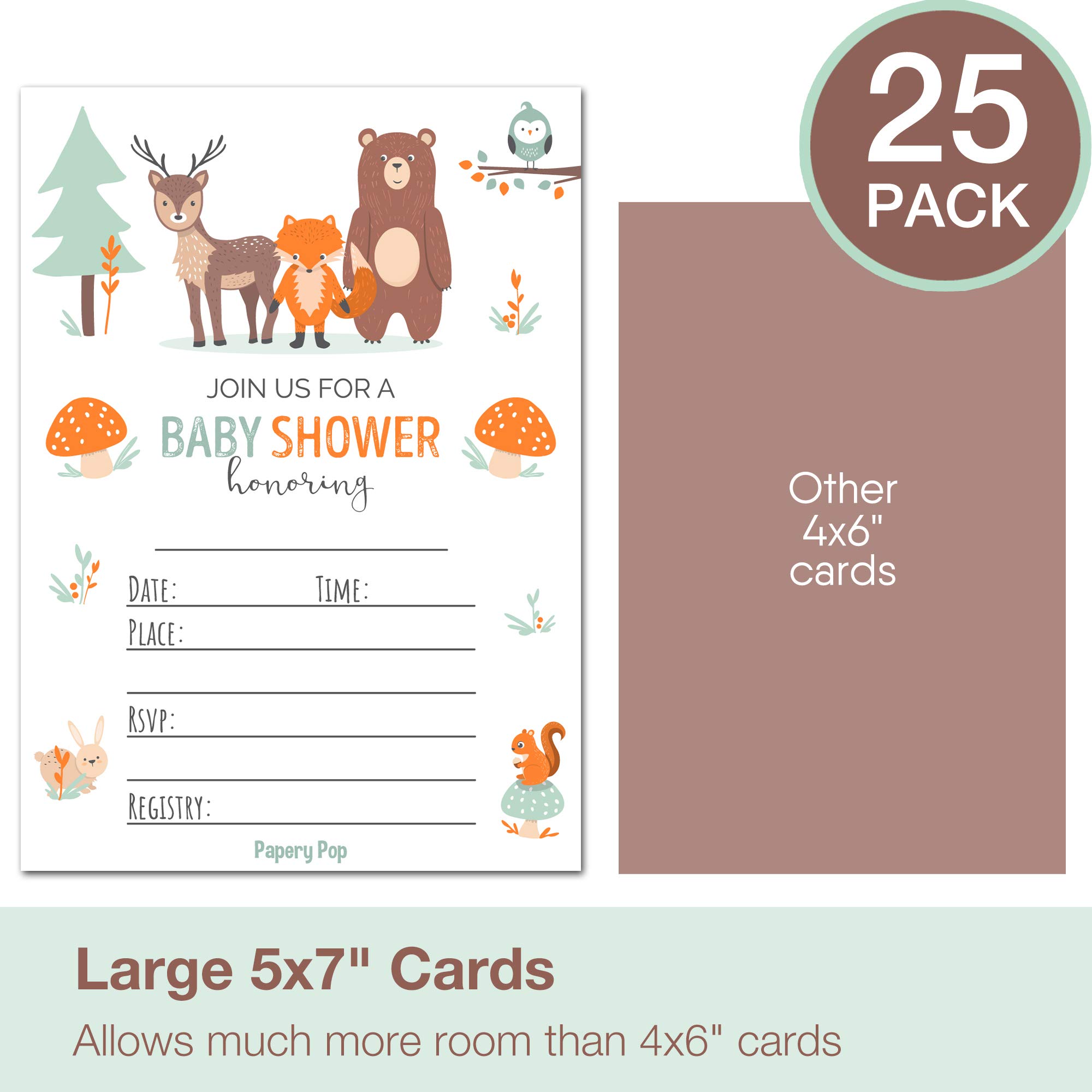 Set of 25 Baby Shower Invitations for Boy or Girl with Envelopes, Diaper Raffle Tickets and Baby Shower Book Request Cards - Gender Neutral Woodland Animals