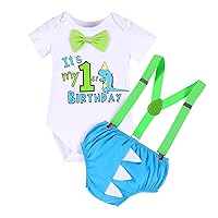 IBTOM CASTLE Dinosaur Wild One First Birthday Party Outfit for Baby Boys Bowtie Romper Diaper Cover Suspenders Photo Shoot