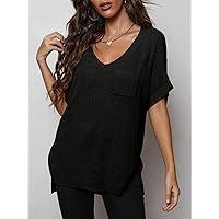 Women's Shirts Women's Tops Shirts for Women Batwing Sleeve Pocket Patched Knit Top (Color : Black, Size : X-Large)