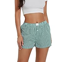 Mxiqqpltky Women's Casual Plaid Shorts Summer Elastic Waist Button Lounge Shorts Cute Loose Fit Pajama Boxers Y2K Streetwear