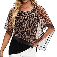 Women's Fashion Tops Round Neck Printed Tanks Short Sleeve Casual Blouse Double Layers Mesh Tunics Shirts