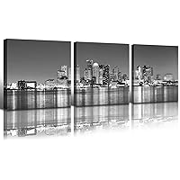 BLINFEIRU Black and White Boston Skyline Canvas Wall Art - 3 Pieces City Night Scene Panoramic Painting Pictures Print Modern Living Room Office Wall Decor Home Decorations Framed 16