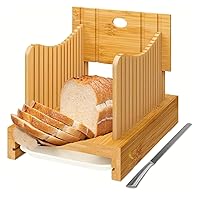 Natural Bamboo Bread Slicer with Serrated Knife - Foldable Compact Cutting Guide with Crumb Tray, Adjustable Width, Bread Cutting Board for Homemade Bread, Cakes, Bagels
