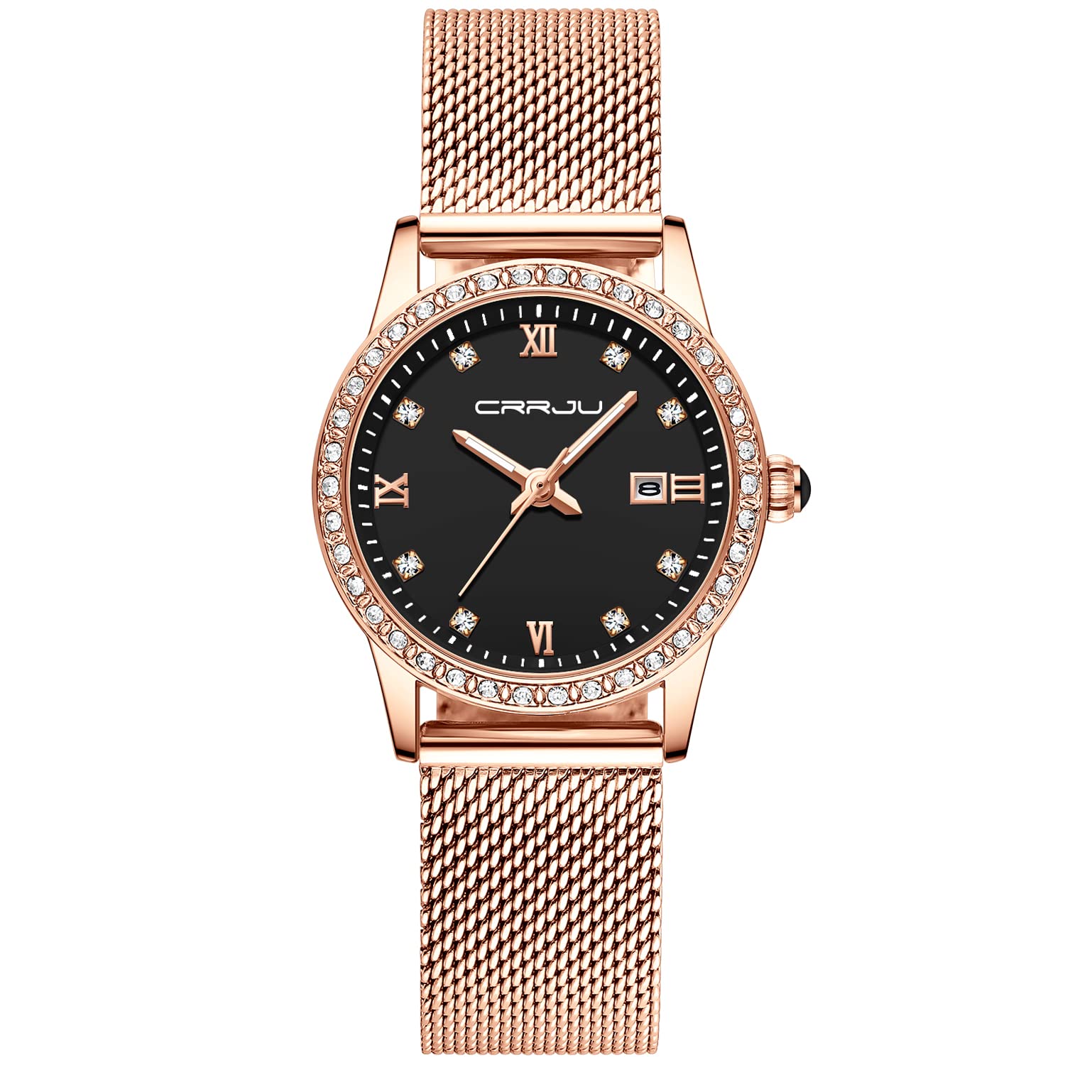 CUENA Women Wrist Watches Waterproof Crystal Ladies Minimalist Rose Gold Mesh Stainless Steel Band Wristwatch Slim Analog Quartz Luxury Rhinestone with Date