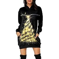 Cocktail Dress Vintage Merry Christmas Print Long Sleeve Hoodies Long Sleeve Midi with Pockets Sequin Party Night