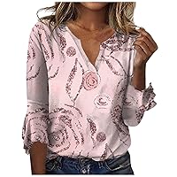 Womens Fall Shirts,Women's Top Loose Casual V-Neck Printed Blouses Bell 3/4 Sleeve T-Shirt