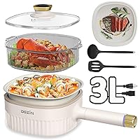 DEZIN Hot Pot Electric 3L, Nonstick Electric Pot with 1 Grill Pan & 1 Steamer, 3-in-1 Electric Cooker with Dual Power Level for Dorm, Family & Friend Gathering, 1000W Portable Pot for Ramen/Steak/Soup