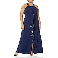 S.L. Fashions Women's Plus Size Long Sequin Halter Dress with Cascade Ruffle, Navy, 18W