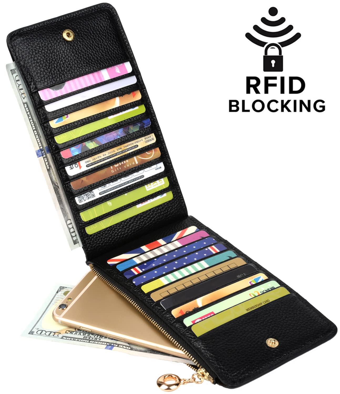 YALUXE Women's RFID Blocking Genuine Leather Multi Card Organizer Wallet with Zipper Pocket