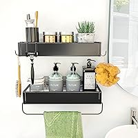 Shower Caddy Shelf with Towel Bar, Adhesive Shampoo Holder with Hook, Shower Rack Basket Organizer for Bathroom, 2-in-1 Bathroom Shelf Kitchen Spice Organizer, 2-Pack Black