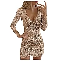 Women's Sexy Deep Wrap V Neck Long Sleeve Stretchy Sparkle Glitter Glitzy Glam Sequin Ruched Bodycon Dress Mini Flapper