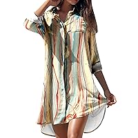 YMING Womens Button Down Long Sleeve Shirt Dress Casual Floral Print Mini Dresses Loose Fit Beach Blouse Dress with Pockets