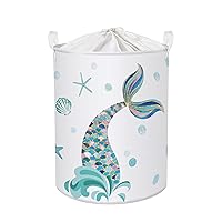 Clastyle 45L Adorable Kids Mermaid Laundry Hamper Blue Seashell Starfish Collapsible Laundry Basket with Drawstring Waterproof Sea Theme Toys Storage Basket with Handle, 14 * 17.7 in