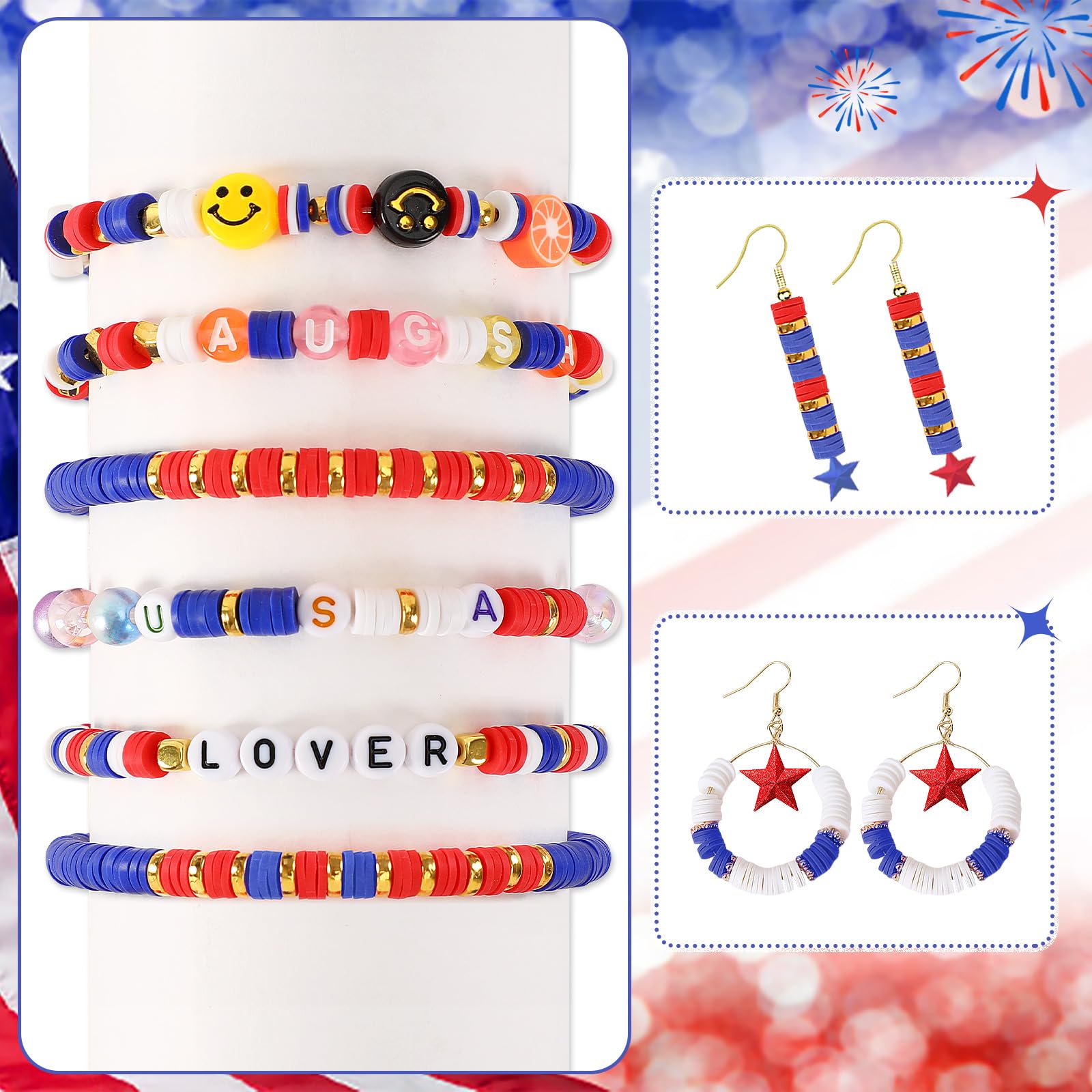 Augshy 4200pcs Red White and Blue Clay Beads, Patriotic Independence Day Heishi Round Flat Polymer 4th of July Spacer Beads for Jewelry Making Necklace Bracelet Earring Decorations Supplies