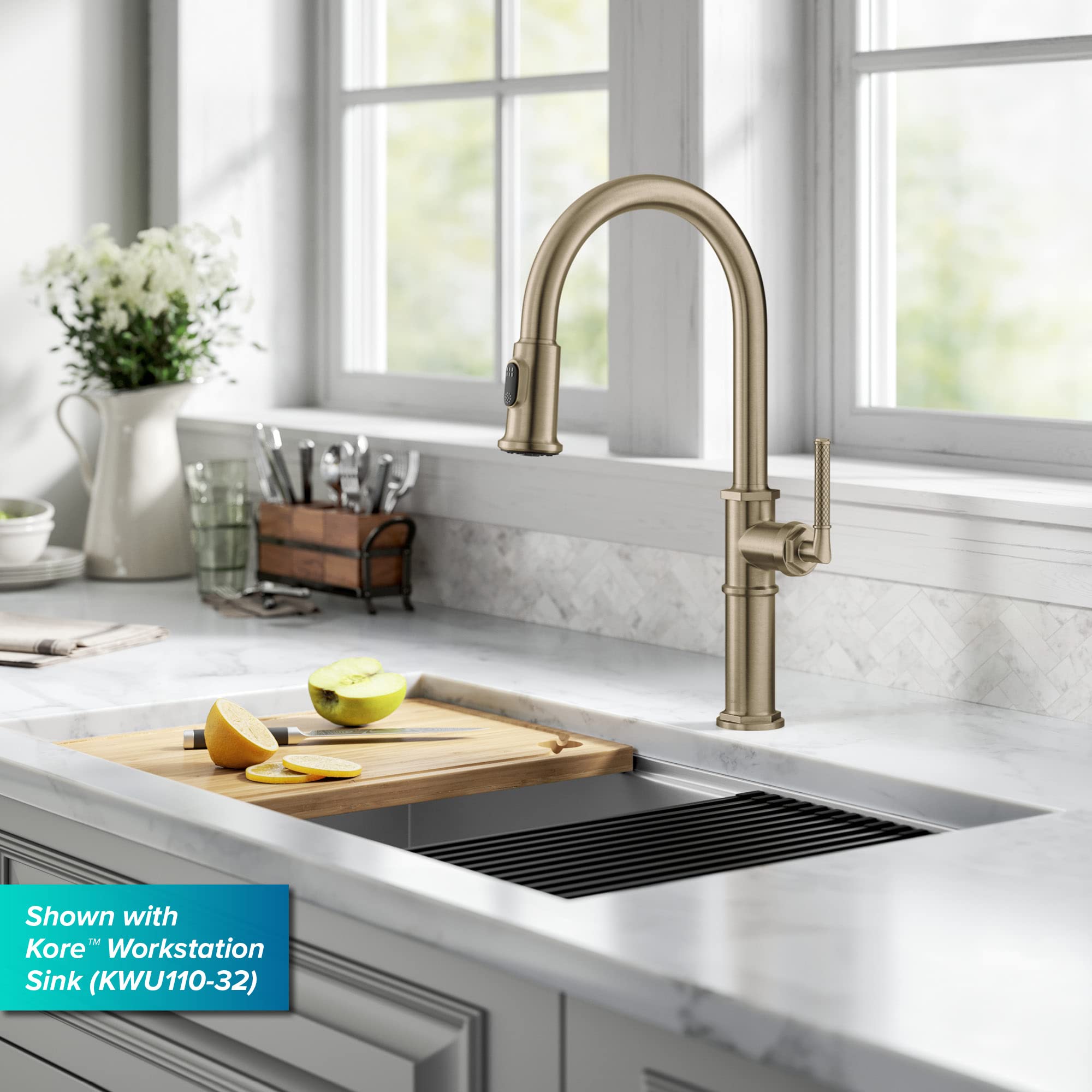 KRAUS® Allyn™ Traditional Industrial Pull-Down Single Handle Kitchen Faucet in Brushed Gold, KPF- 4100BG