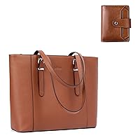 BROMEN Leather Laptop Bag for Women Briefcase Work Tote Brown and Small Wallets for Women Leather RFID Wallet Bifold Card Case Brown Bundle