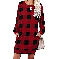 PrinStory Women's Long Sleeves Dresses Causal Loose Round-Neck Tuinc Tops Basic Dress with Side Pockets