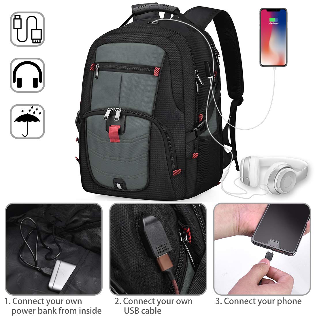 NUBILY Laptop Backpack 17 Inch Waterproof Extra Large TSA Travel Backpack Anti Theft College Business Mens Backpacks with USB Charging Port 17.3 Gaming Computer Backpack for Women Men 45L Grey