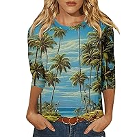 Summer Tops for Women 2024 Womens Casual Hawaii Shirts Beach Printed Tropical Blouses Crewneck 3/4 Sleeve T Shirt