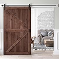 48x84 inch Sliding Barn Wood Door Slab with 8ft Hardware Kit and Handle, Coffee, K Shape, Simple DIY Assembly