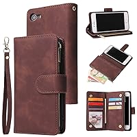 UEEBAI Wallet Case for iPhone SE 2022 5G/iPhone 7/iPhone 8/iPhone SE 2020, Premium PU Leather Magnetic Handbag Zipper Pocket Card Slots with Wrist Strap Flip Case for iPhone SE3/SE2 - Coffee