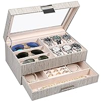 LANDICI Watch Box Organizer Jewelry Box for Men Women, 2 Layer 6 Slot PU Leather Watch Storage Case with Glass Top, Large Jewellery Display Holder for Sunglasses Necklace Earring Ring, Wooden Grey
