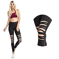 Women's Ripped Distressed Leggings Athleisure Yoga Pants with Wide Waist Inner Pocket