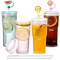 4 Packs Glass Cups with Lids and Straws, 22oz Ribbed Glassware Ribbed Glass Tumbler with Straw and lid Glass Coffee Cups for Water Smoothie Juice Drinks with Straw Lid