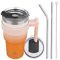 30oz Tumbler with Handle and 2 Straw 2 Lid, Insulated Water Bottle Stainless Steel Vacuum Cup Reusable Travel Mug,Coral