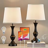 Touch Bedside Lamps for Bedrooms, Living Room, Reading, Office with USB Ports, 3-Way Dimmable White Nightstand lamp with Premium Linen Fabric Lampshade, Bulbs Included, Set of 2