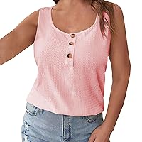 Women's Plus Size Tank Tops Summer Casual Sleeveless Shirts Solid Color Button Beach T-Shirt Loose Round Neck Tees
