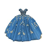 2024 Gold 3D Floral Flowers Lace Patterned Designer Ball Gown Quinceanera Evening Dress Off Shoulder