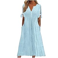 2024 Summer Casual Midi Dresses Eyelet Dress for Women Solid V Neck Button Knee Length Sundress with Pockets