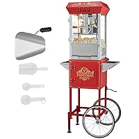 VEVOR Commercial Popcorn Machine, 8 Oz Kettle, 850 W Popcorn Maker on Wheels for 48 Cups per Batch, Theater Style Popper with 3-Switch Control Steel Frame Tempered Glass Doors Cart 1 Scoop 2 Spoons