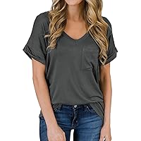 HNGHOU Women's Short Sleeve Basic T-Shirts Summer Casual Loose V Neck Tunic Blouse Tops