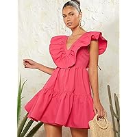 Women's Dress Tie Backless Ruffle Trim Dress (Color : Watermelon Pink, Size : Medium)