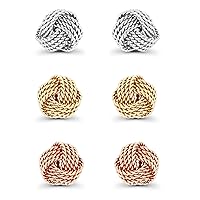 14K Gold Plated 925 Sterling Silver Rose, Yellow, White 6mm Cable Infinity Twist Love Knot Stud Set Earrings | 3 Pairs of Studs Set | Earring Set for Women | Butterfly Push Backs