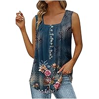 Women's Western Ethnic Floral Tank Tops Loose Fit Square Neck Summer Top Pleated Curved Hem Flowy Sleeveless Shirts