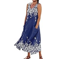Cruise Clothes for Women 2024 Vintage Dress for Women Fashion Print Casual Loose Flowy Beach Dresses Sleeveless U Neck Linen Dress with Pockets Dark Blue Medium