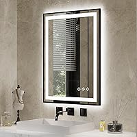 LED Bathroom Mirror, 24x32 Inch Black Framed Gradient Front and Backlit LED Mirror for Bathroom, 3 Colors Dimmable CRI>90, Enhanced Anti-Fog Wall Mounted Lighted Vanity Mirror