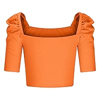 Women's Square Neck Crop Tops Puff Half Sleeve Fashion Sexy Blouses Summer Casual Slim Fit Plain Elegant T-Shirts