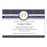 30 Invitations Boy Baby Shower Navy Blue Gold Footprints Personalized Photo Paper