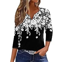 Womens 3/4 Sleeve Tops Casual Independence Day Printed Blouse 2024 Summer Casual Shirts V-Neck Button Up T Shirt