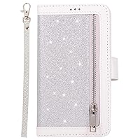 Wallet Case Compatible with Samsung A42 5G, Glitter Sparkle PU Leather Case Zipper Pocket with 9 Card Slots for Galaxy A42 5G (Silver)